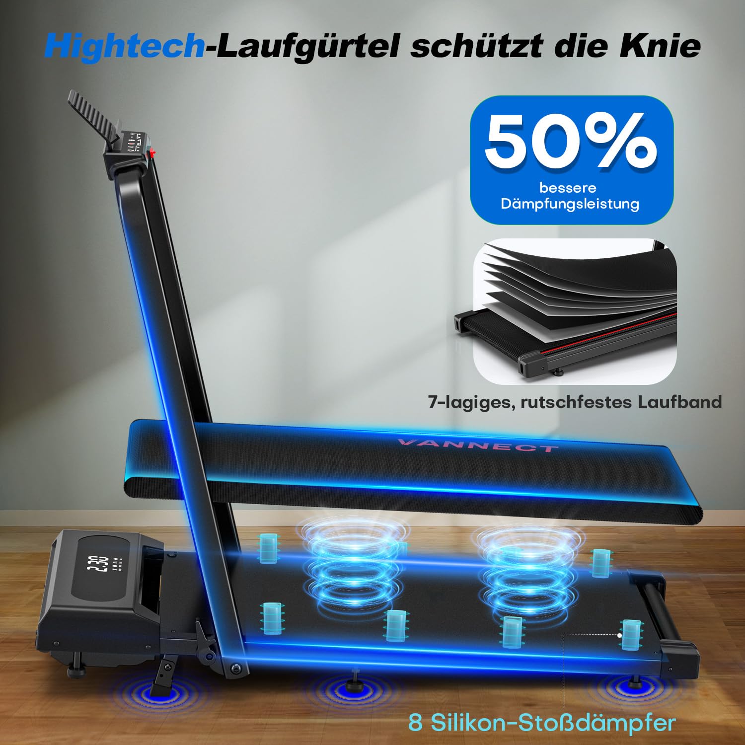 Laufband fรผr Zuhause, VANNECT Walking Pad, 1-12 km/h Klappbares Laufband mit 9% Steigung, Ultra-Leise, LCD-Display, Dreifache Steuerung - Fernbedienung, App, Handlauf-Tasten, Belastbar bis 150 kg