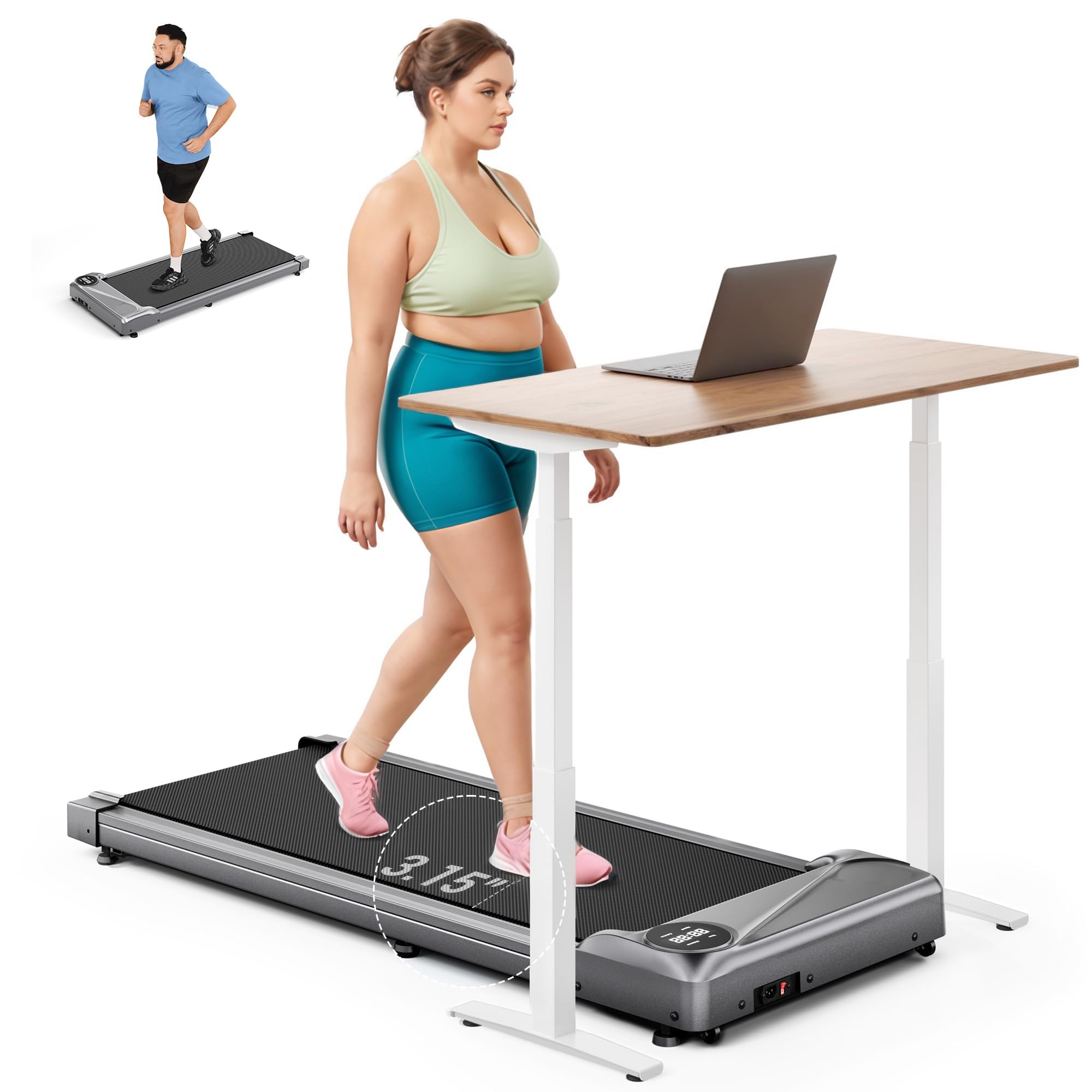 THERUN Schreibtisch Walking Pad mit Leise 2,5 PS-Motor, 2 in 1 Kleines Laufband mit Fernbedienung und LED-Panel für Zuhause und Büro (Grau)