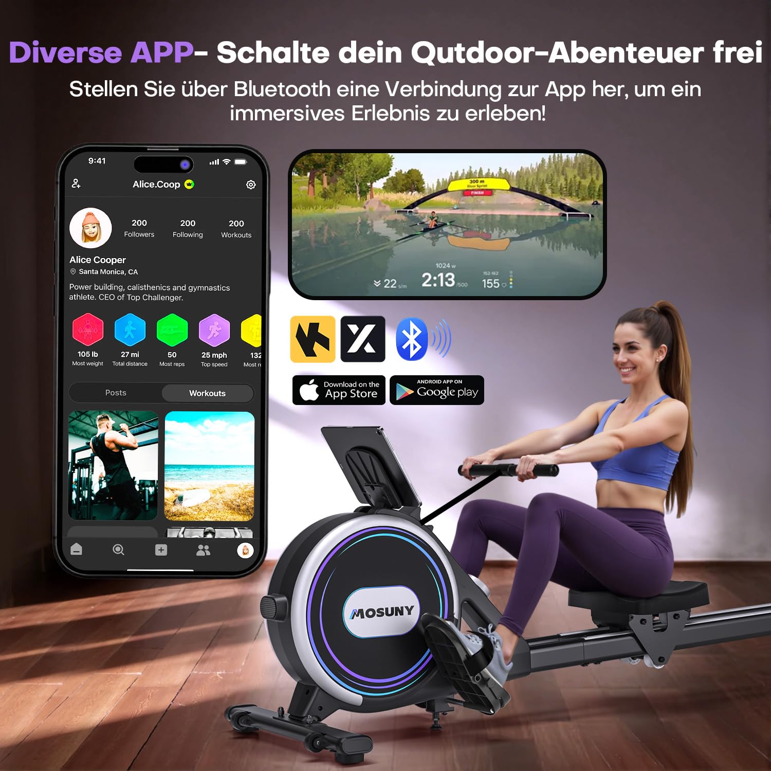 MOSUNY Rudergerät für Zuhause, 32 Stufen Widerstand, Leises Magnetisches Rudergerät, 8 Arten der Datenanzeige, Upgrade Doppel-Slide-Rails, App-Kompatibel, Belastbar bis180kg