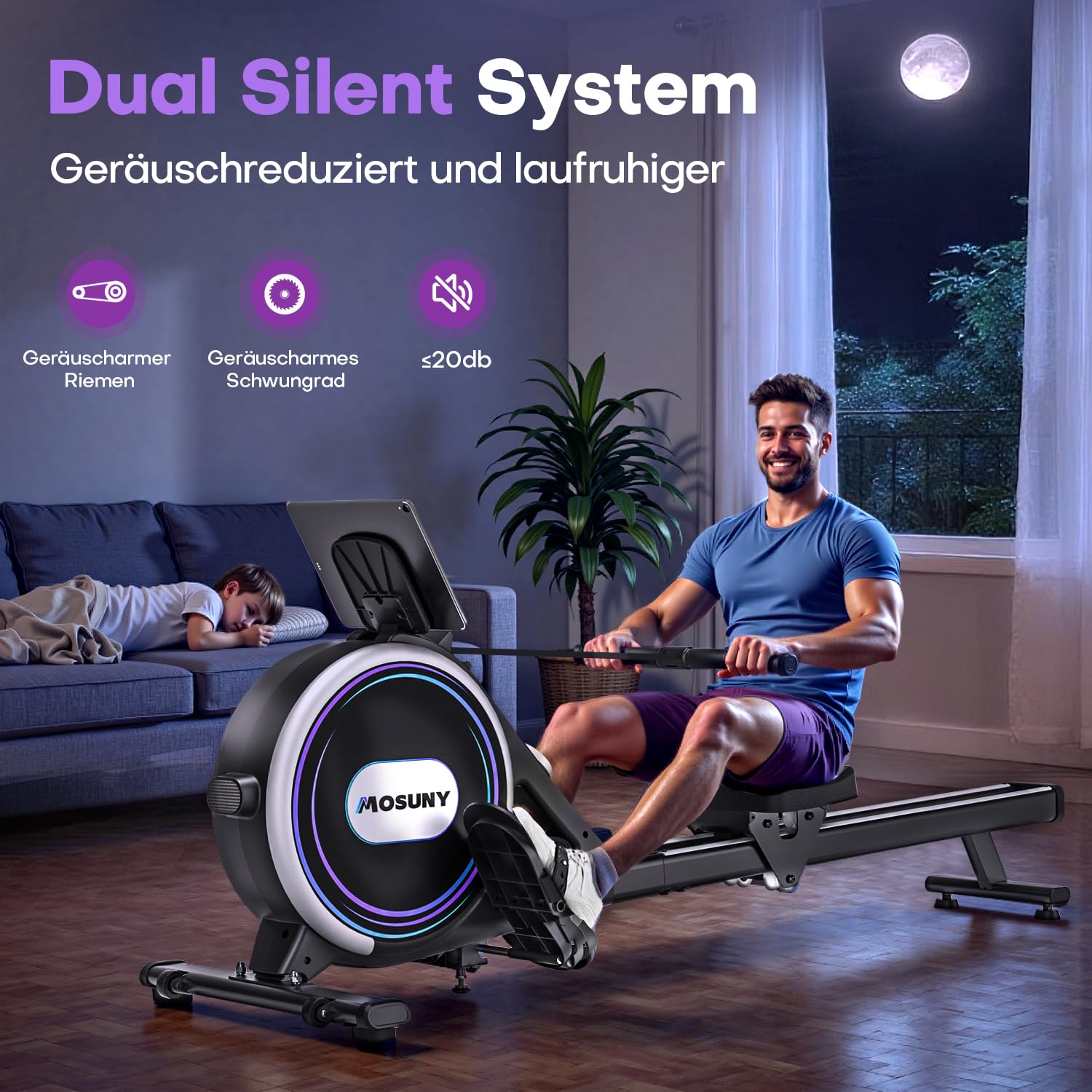 MOSUNY Rudergerät für Zuhause, 32 Stufen Widerstand, Leises Magnetisches Rudergerät, 8 Arten der Datenanzeige, Upgrade Doppel-Slide-Rails, App-Kompatibel, Belastbar bis180kg