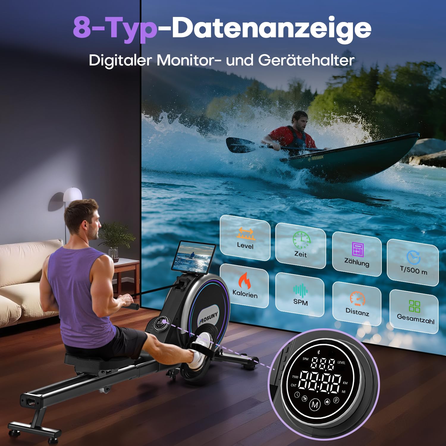 MOSUNY Rudergerät für Zuhause, 32 Stufen Widerstand, Leises Magnetisches Rudergerät, 8 Arten der Datenanzeige, Upgrade Doppel-Slide-Rails, App-Kompatibel, Belastbar bis180kg