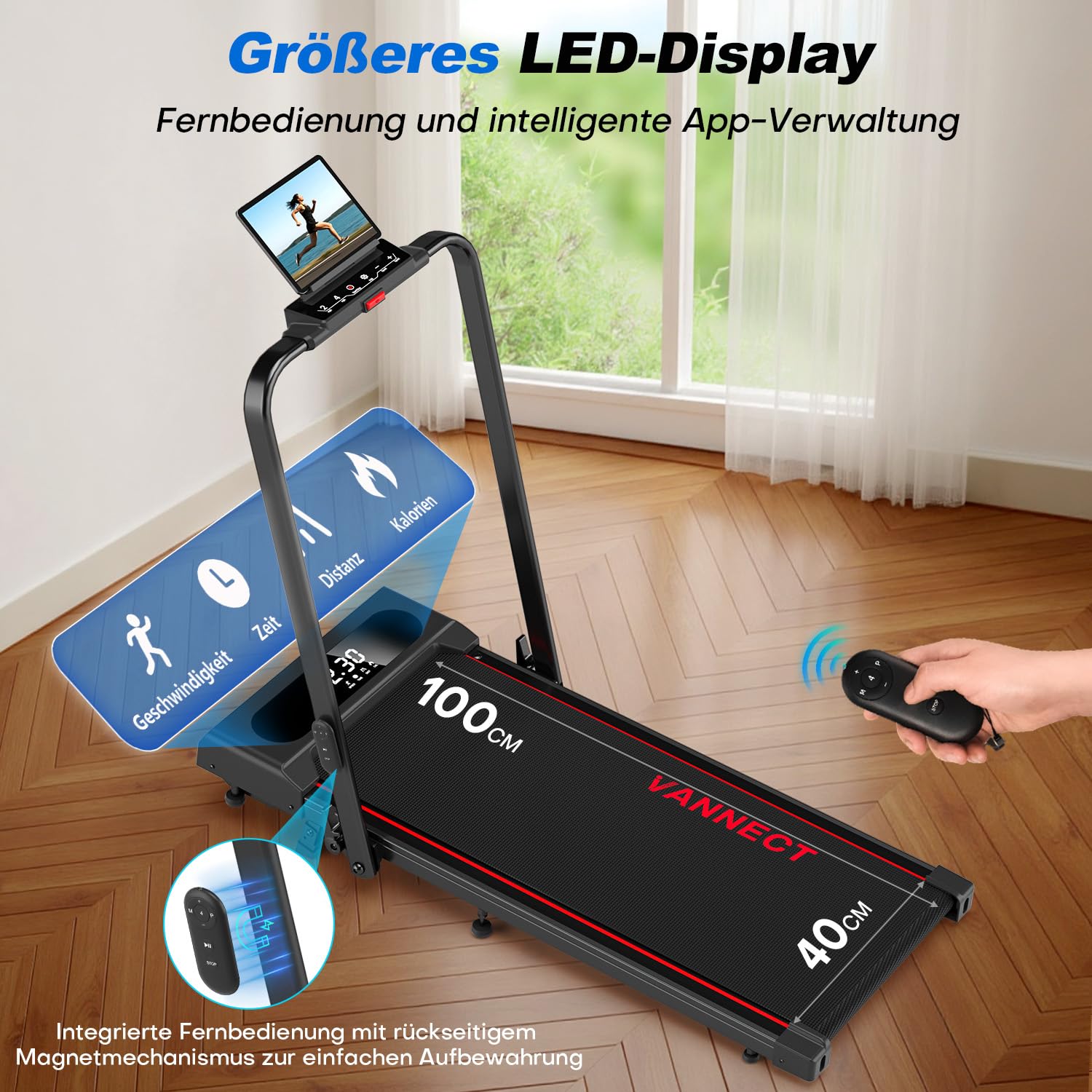 Laufband fรผr Zuhause, VANNECT Walking Pad, 1-12 km/h Klappbares Laufband mit 9% Steigung, Ultra-Leise, LCD-Display, Dreifache Steuerung - Fernbedienung, App, Handlauf-Tasten, Belastbar bis 150 kg