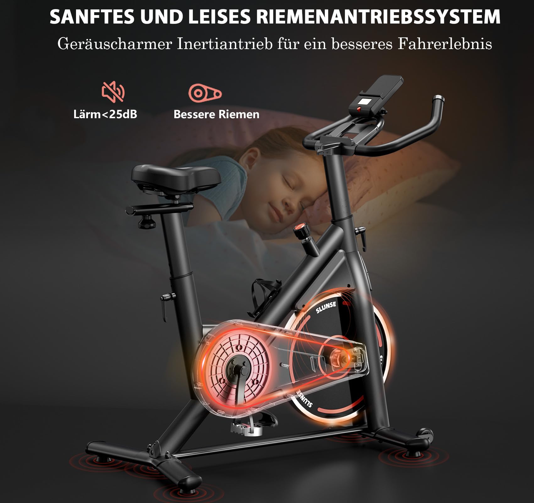 Heimtrainer Fahrrad mit App, SLUNSE Leises Hometrainer Ergometer mit Verbessertem LCD-Monitor, Spinning Bike Indoor mit Verstellbarem Widerstand, Fitnessbike bis 160KG für Kardio-Training zu Hause