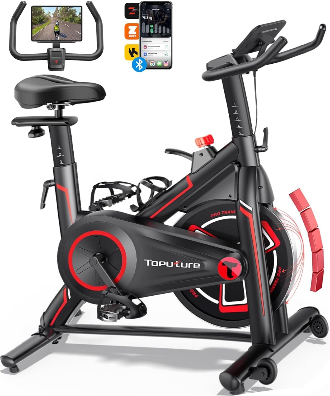 Heimtrainer Fahrrad mit APP, 15 KG Schwungrad, 0-100% Magnetischem, Leiser LCD Heimtrainer bis 150KG, Fitnessbike für zuhause Mit Weicher Sitz, Bis150 KG,Tablet-Halter, Getränkehalter