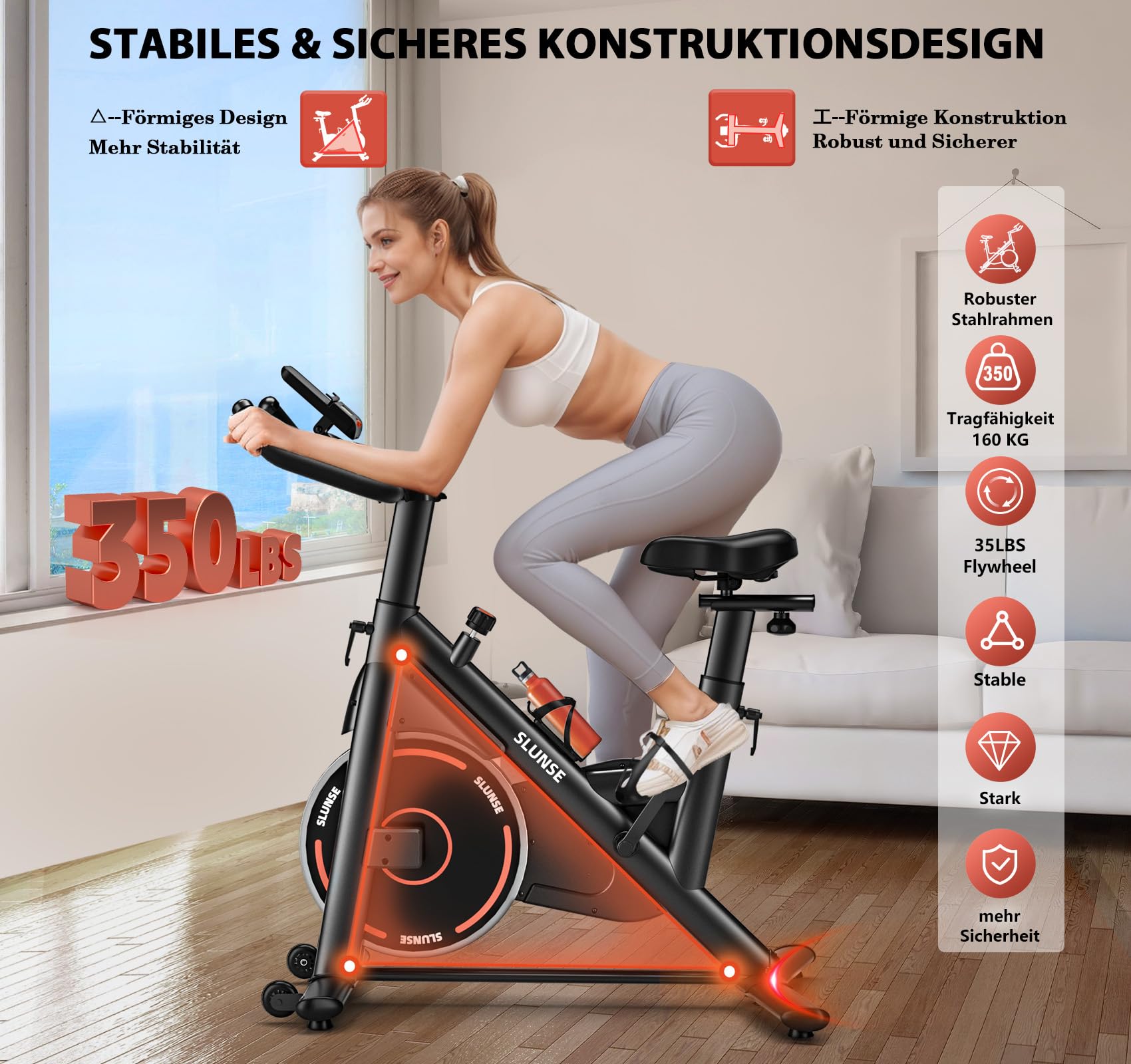 Heimtrainer Fahrrad mit App, SLUNSE Leises Hometrainer Ergometer mit Verbessertem LCD-Monitor, Spinning Bike Indoor mit Verstellbarem Widerstand, Fitnessbike bis 160KG für Kardio-Training zu Hause