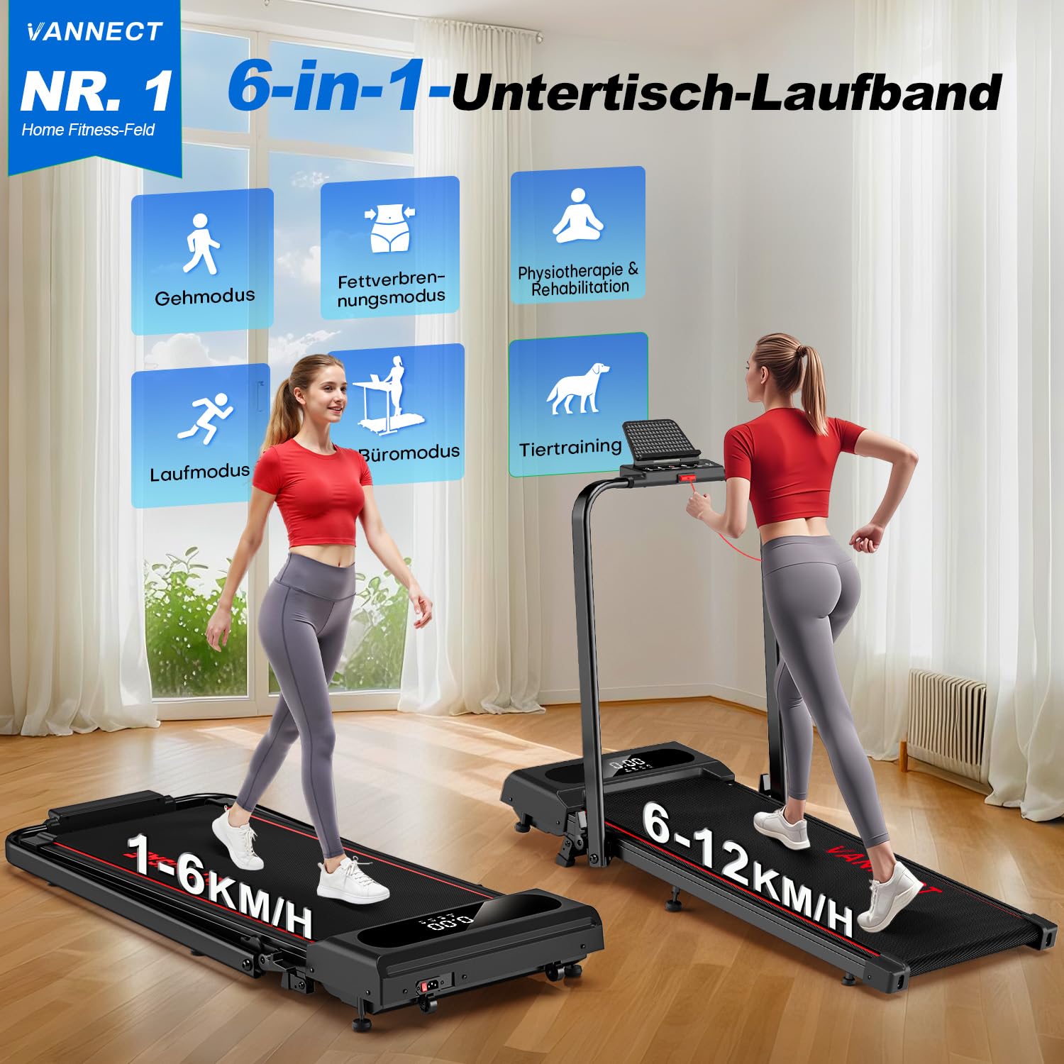 Laufband fรผr Zuhause, VANNECT Walking Pad, 1-12 km/h Klappbares Laufband mit 9% Steigung, Ultra-Leise, LCD-Display, Dreifache Steuerung - Fernbedienung, App, Handlauf-Tasten, Belastbar bis 150 kg