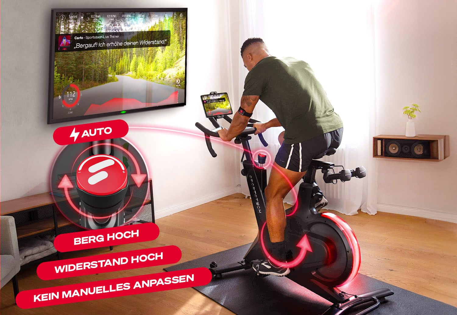 Sportstech sBike Lite - Smartes Heimtrainer Fahrrad mit LED - Deutsche Qualitätsmarke - App mit Kursen und 360° Tablet-Halterung für Full Body Workout - Ergometer