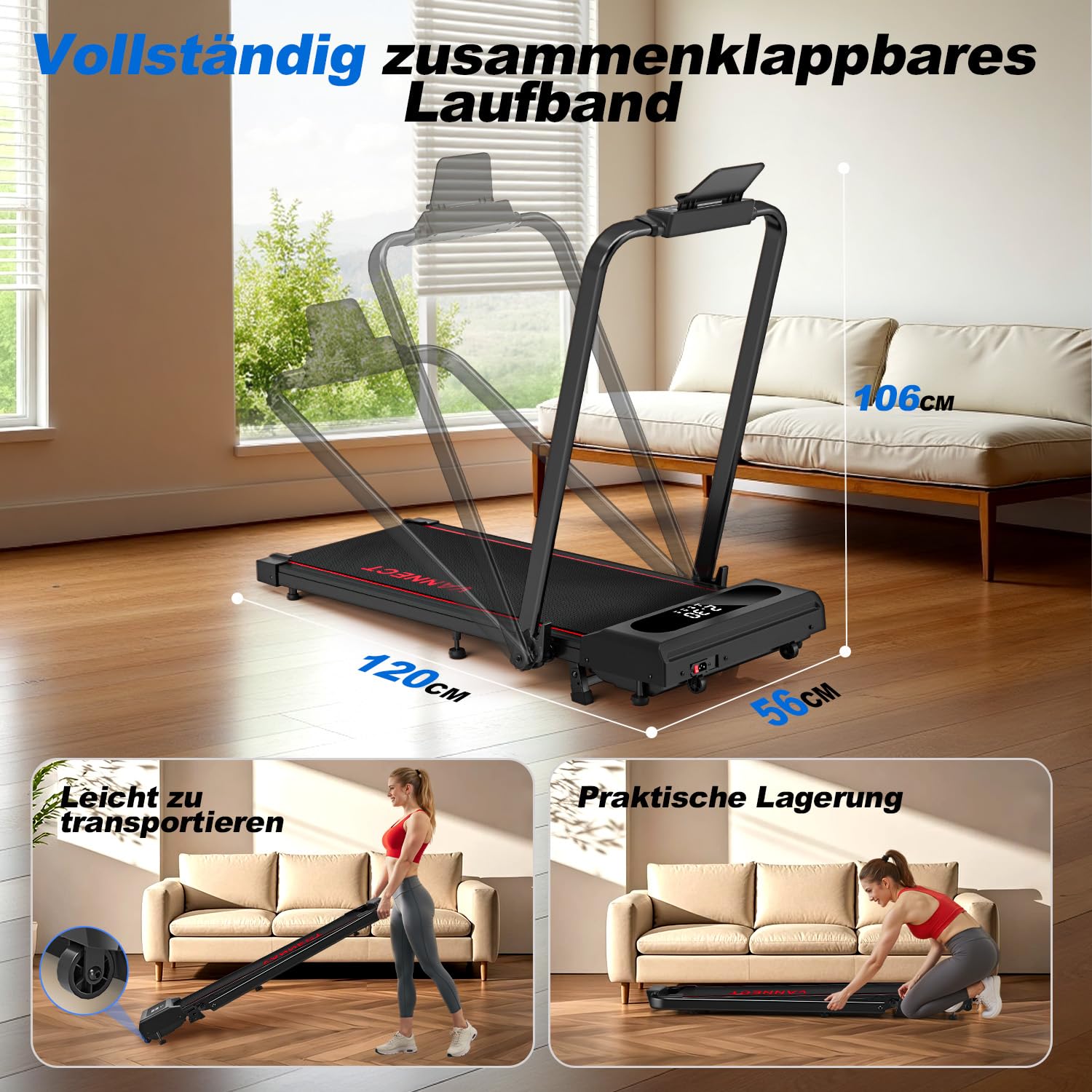 Laufband fรผr Zuhause, VANNECT Walking Pad, 1-12 km/h Klappbares Laufband mit 9% Steigung, Ultra-Leise, LCD-Display, Dreifache Steuerung - Fernbedienung, App, Handlauf-Tasten, Belastbar bis 150 kg