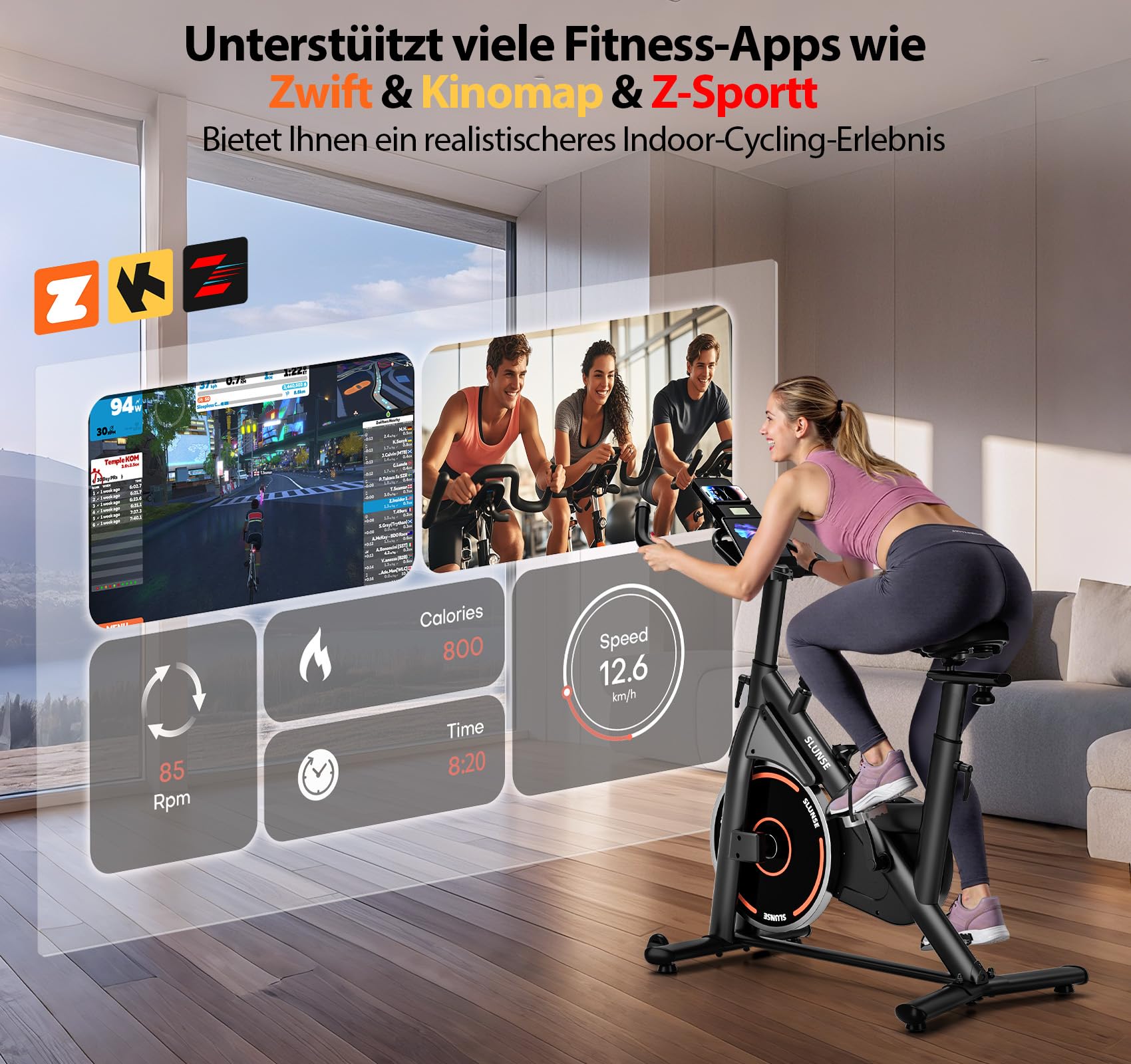 Heimtrainer Fahrrad mit App, SLUNSE Leises Hometrainer Ergometer mit Verbessertem LCD-Monitor, Spinning Bike Indoor mit Verstellbarem Widerstand, Fitnessbike bis 160KG für Kardio-Training zu Hause