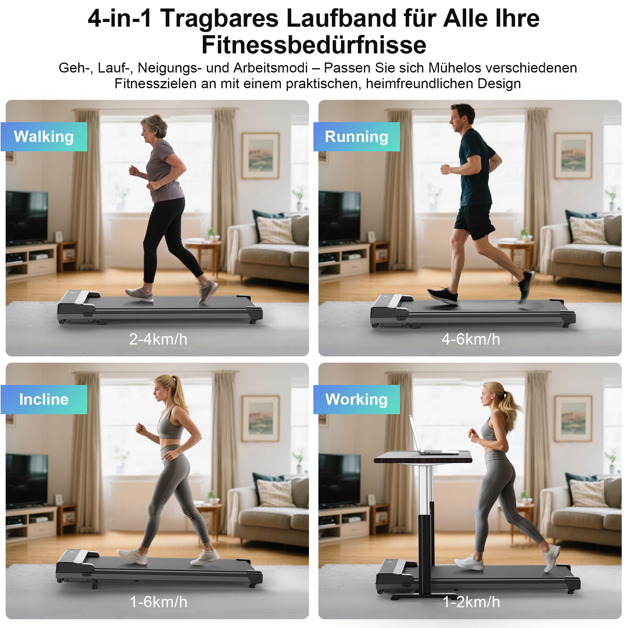 Walking Pad Laufband für Zuhause - Treadmill mit 5% Steigung with Incline for Home Office Büro Laufbänder Unter Desk Mini Klein Tragbares Gehband Tretmühle Leises Lauf Running Machine Schreibtisch