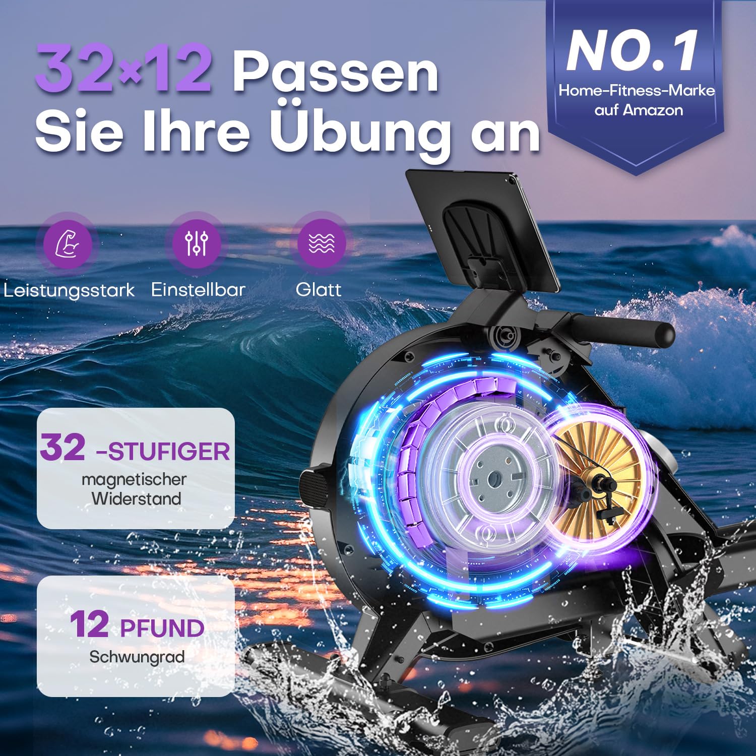 MOSUNY Rudergerät für Zuhause, 32 Stufen Widerstand, Leises Magnetisches Rudergerät, 8 Arten der Datenanzeige, Upgrade Doppel-Slide-Rails, App-Kompatibel, Belastbar bis180kg