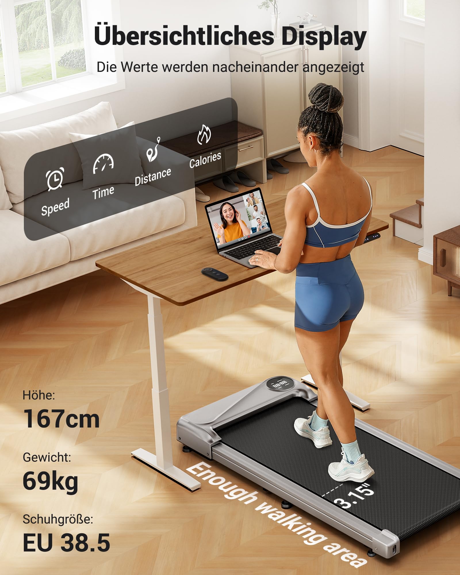 THERUN Schreibtisch Walking Pad mit Leise 2,5 PS-Motor, 2 in 1 Kleines Laufband mit Fernbedienung und LED-Panel für Zuhause und Büro (Grau)