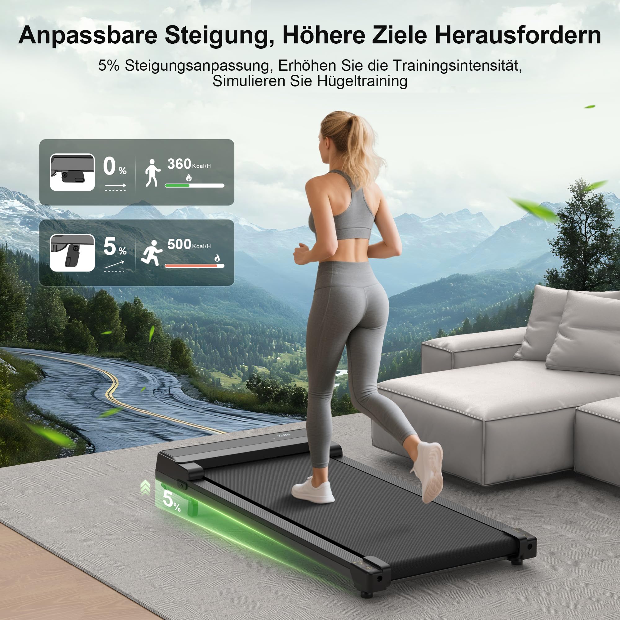 Walking Pad Laufband für Zuhause - Treadmill mit 5% Steigung with Incline for Home Office Büro Laufbänder Unter Desk Mini Klein Tragbares Gehband Tretmühle Leises Lauf Running Machine Schreibtisch