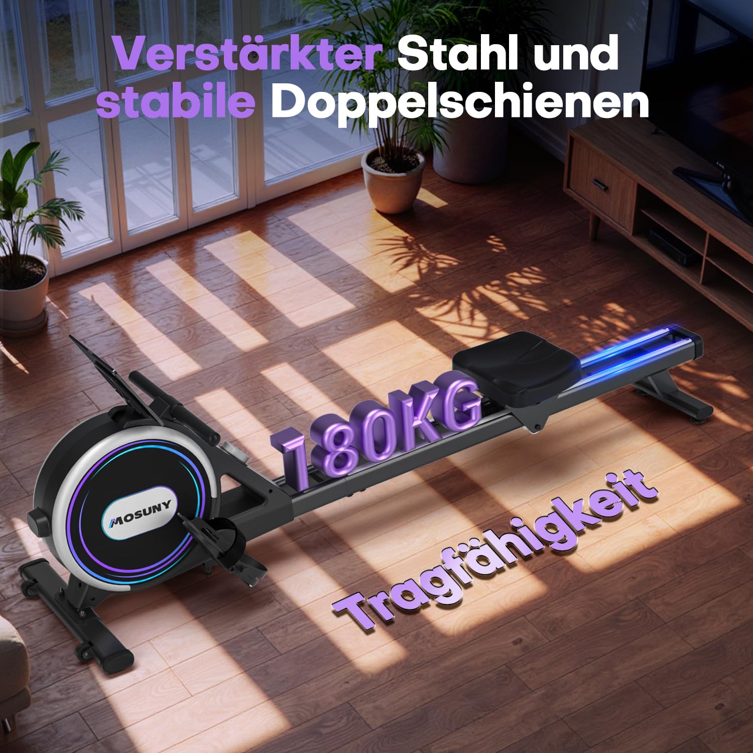 MOSUNY Rudergerät für Zuhause, 32 Stufen Widerstand, Leises Magnetisches Rudergerät, 8 Arten der Datenanzeige, Upgrade Doppel-Slide-Rails, App-Kompatibel, Belastbar bis180kg